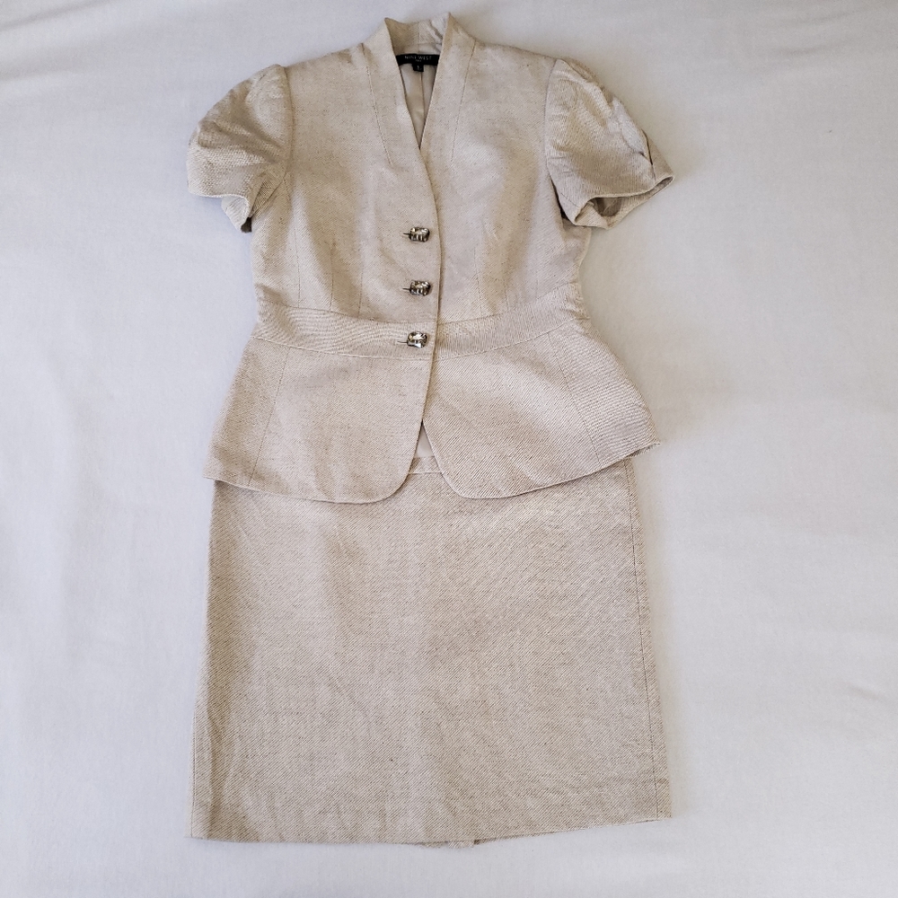 Nine West 2 Piece Beige Linen Blend Cap Sleeve Skirt Suit Set 8